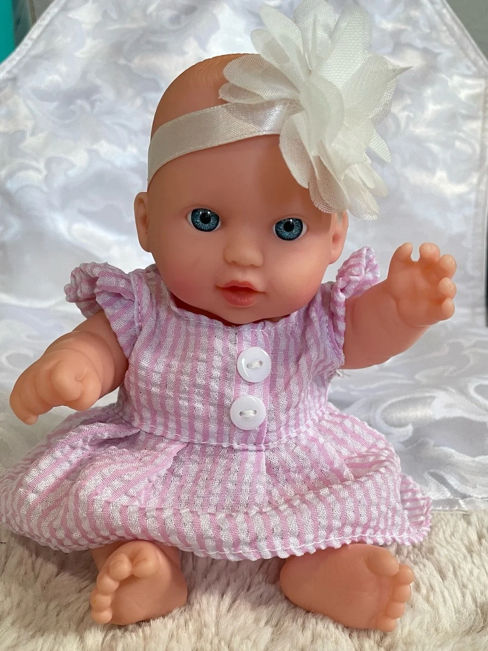 Cute 7” Baby Doll Pink Dress Blue Eyes Movable Arms Legs